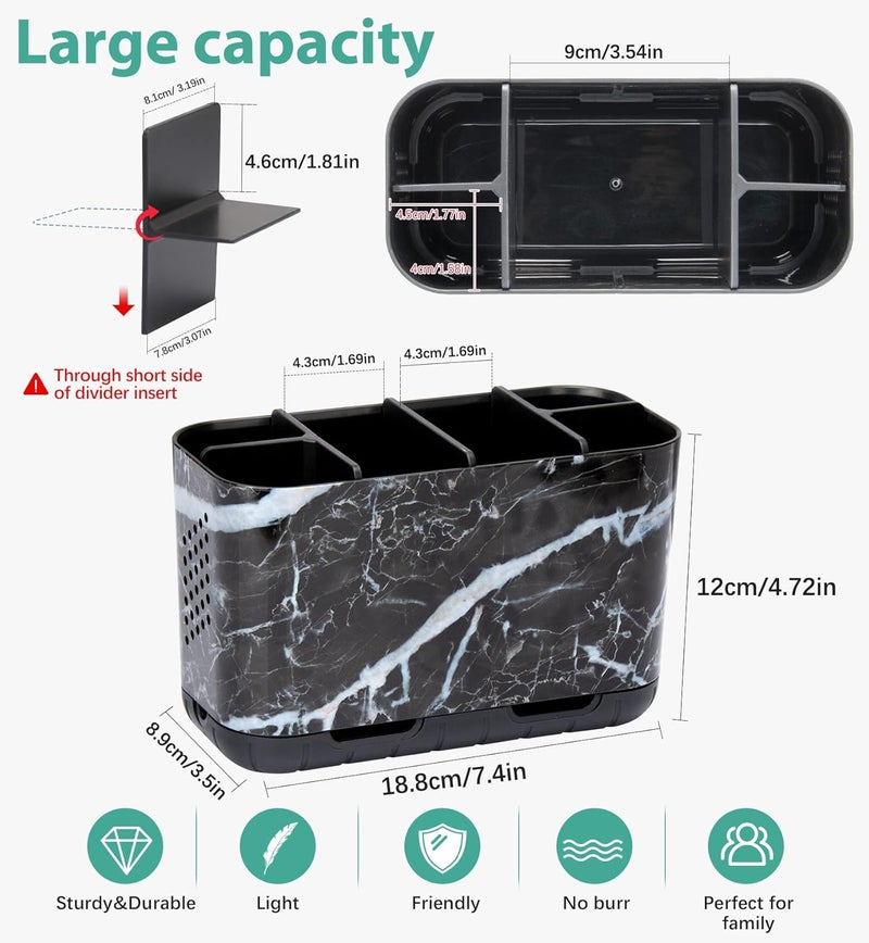 Boperzi Black Toothbrush Holder for Bathroom Toothpaste Organizer Countertop, Detachable Anti-Slip Marble Toothpaste Storage Caddy 6 Slots with Drainage Holes for Makeup Brush Razor Stand - Image 5